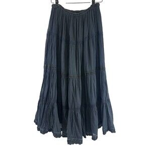 Bhag’s Cotton Tiered Maxi Skirt Black Crochet Elastic Waist Lined Free Size